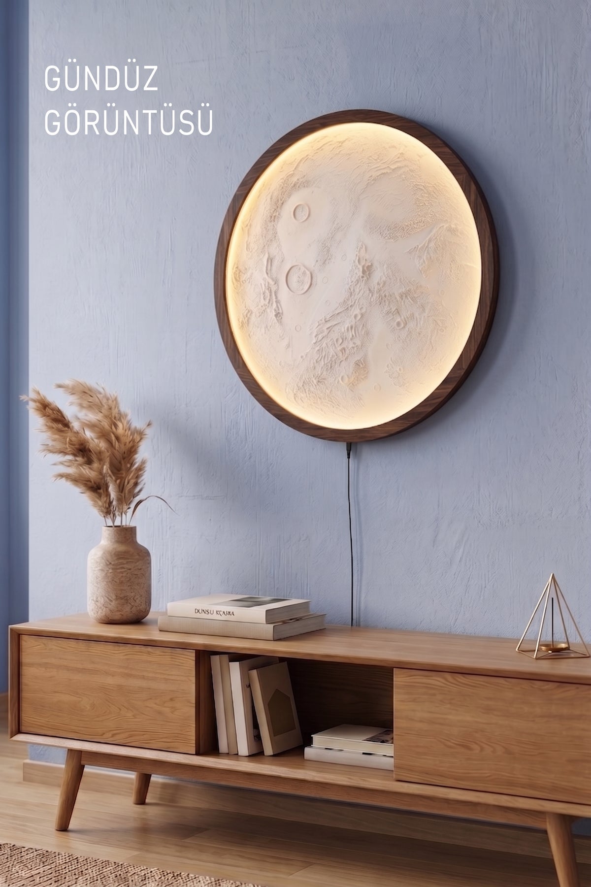 Koyu Ceviz Renk Ahşap Çerçeveli Ay Tablo, Rgb LED Işıklı Bluetooth Kontrollü Duvar Dekoru