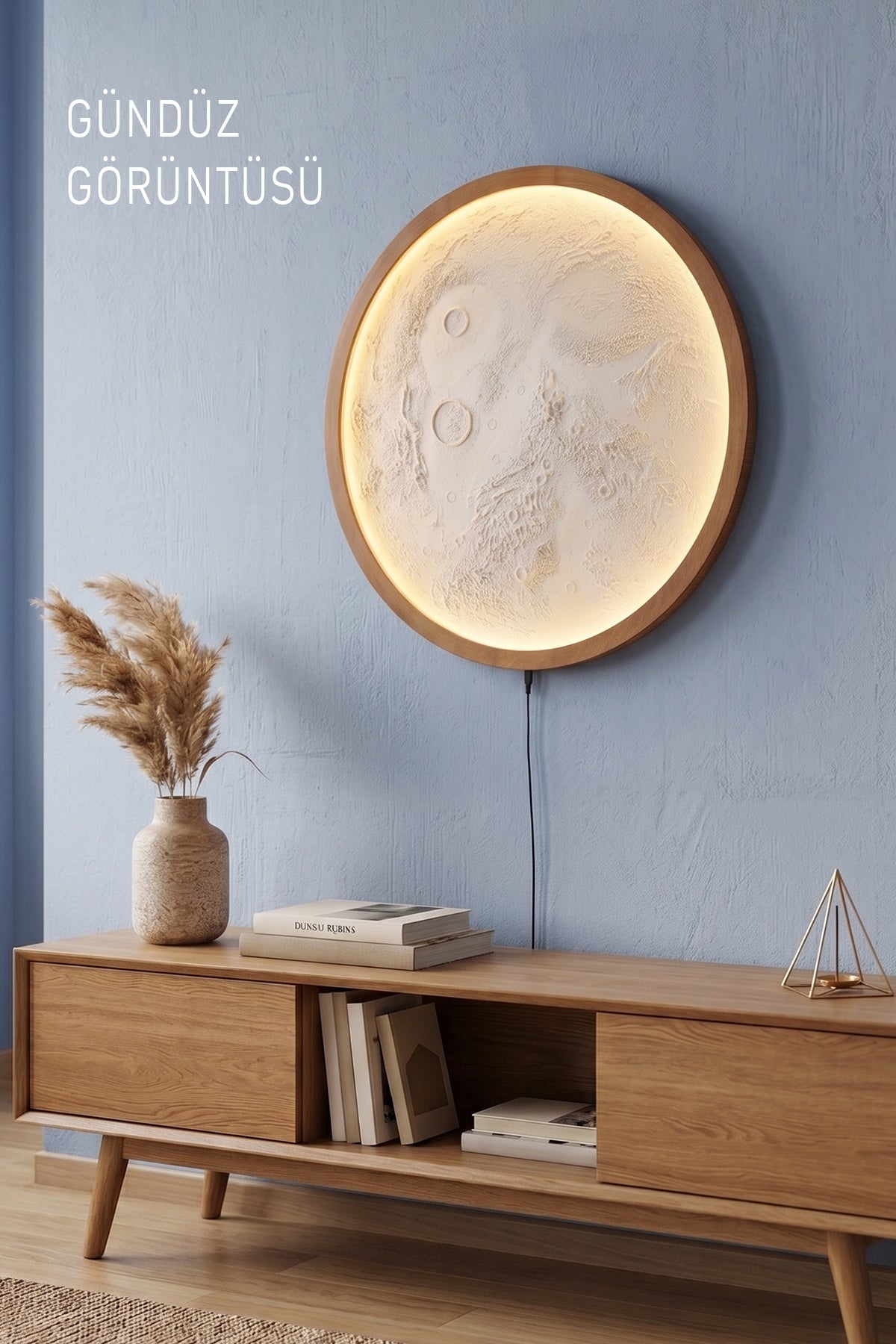 Naturel Ceviz Renk Ahşap Çerçeveli Ay Tablo, Rgb LED Işıklı Bluetooth Kontrollü Duvar Dekoru
