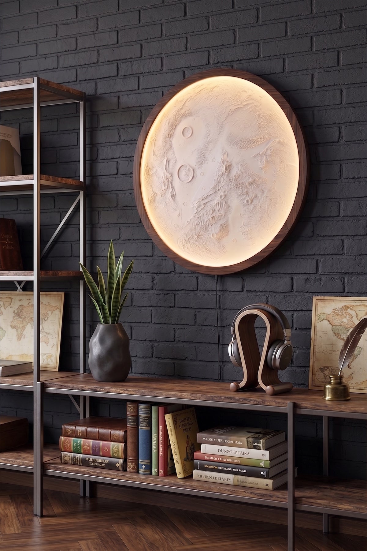 Koyu Ceviz Renk Ahşap Çerçeveli Ay Tablo, Rgb LED Işıklı Bluetooth Kontrollü Duvar Dekoru