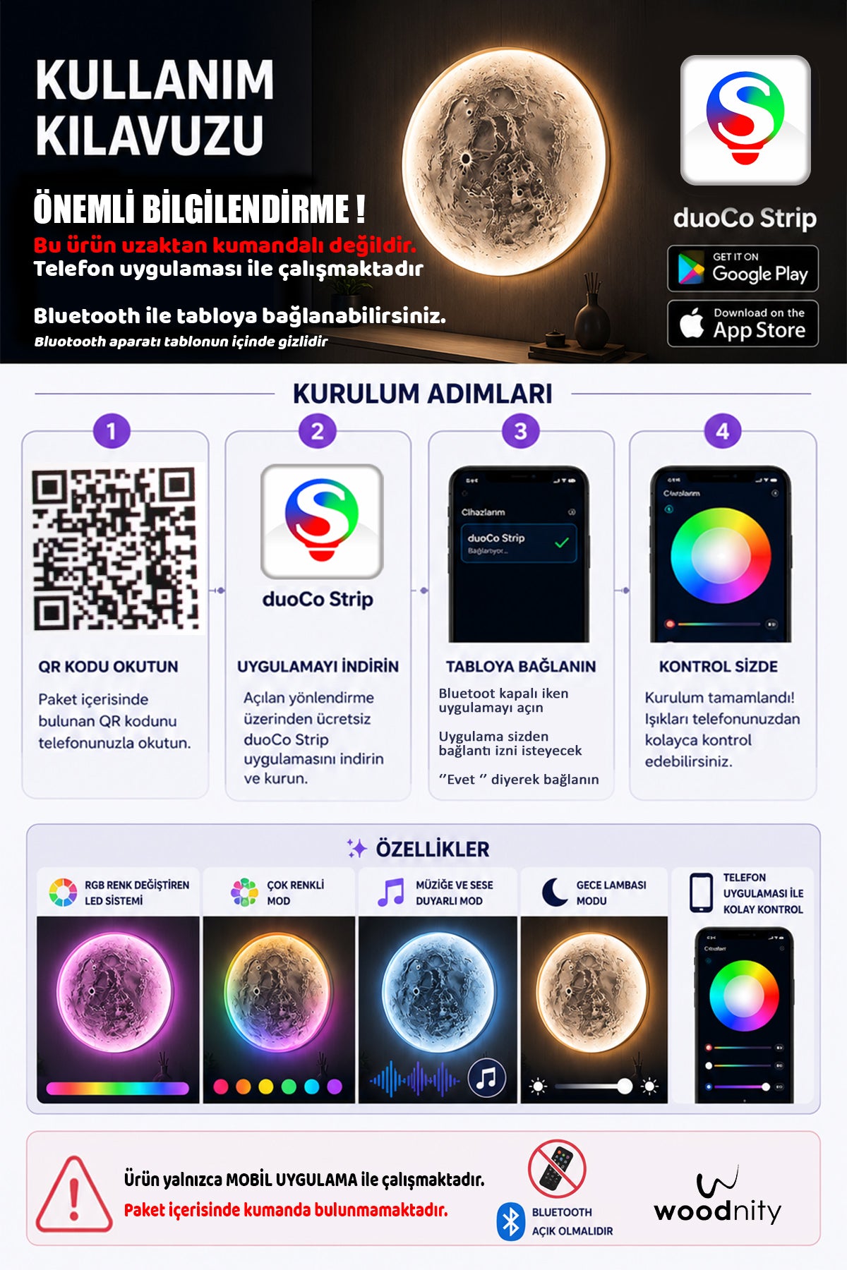 Koyu Ceviz Renk Ahşap Çerçeveli Ay Tablo, Rgb LED Işıklı Bluetooth Kontrollü Duvar Dekoru